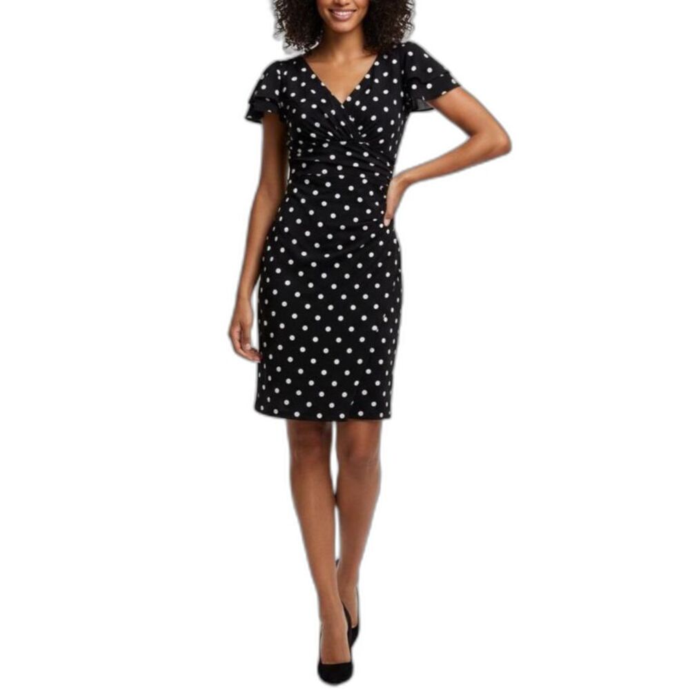 Lauren Ralph Lauren Woman's Navy Polka Dot Faux Wrap SS Sheath Dress Size 14